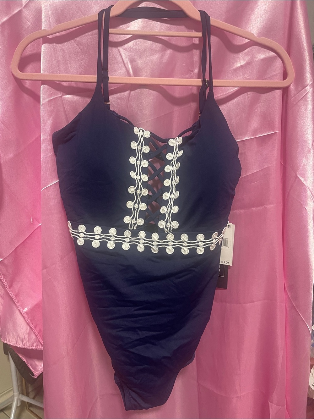 Navy One-Piece Swimsuit with White Embroidered Trim